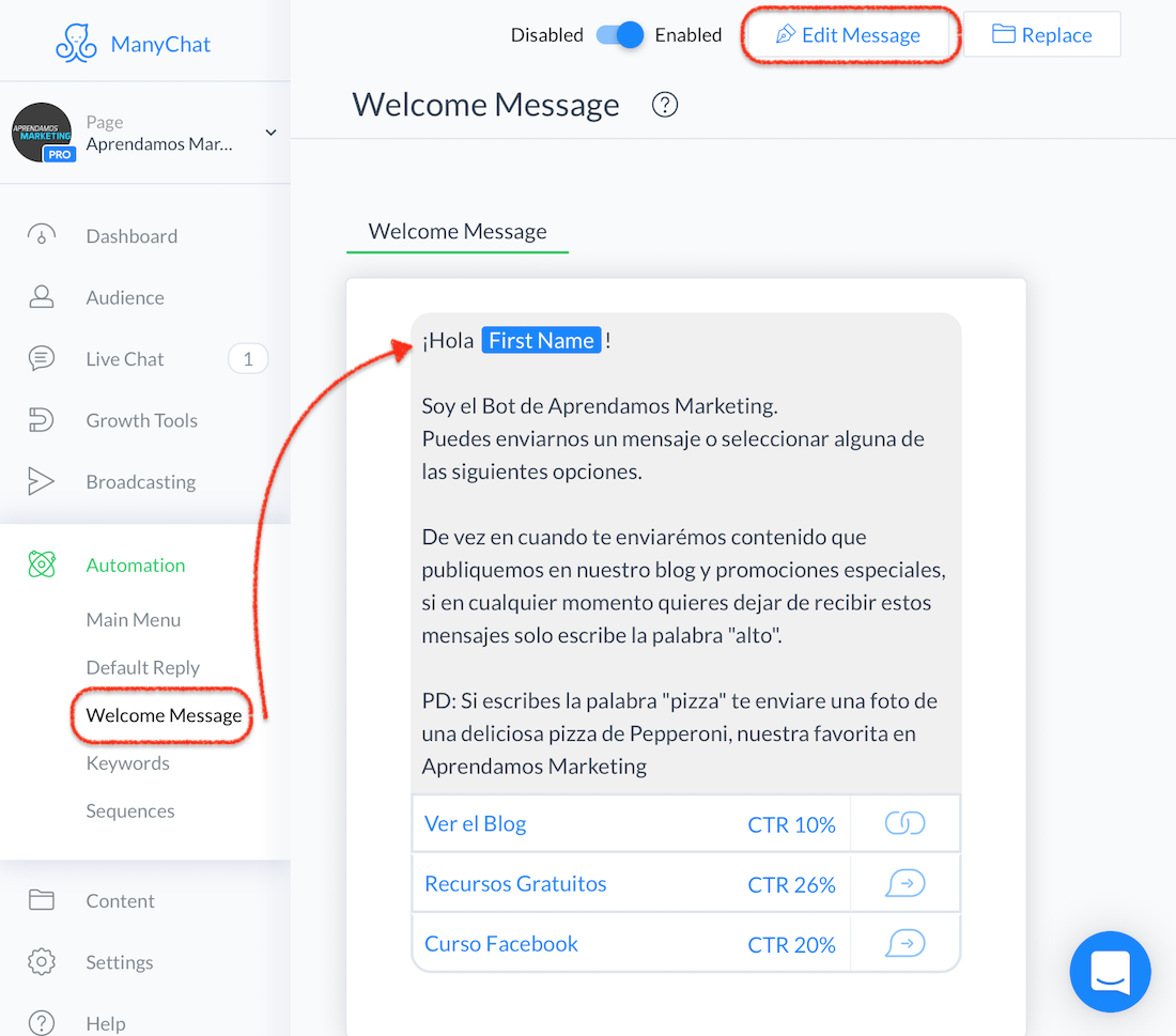 crear mensajes automatizados en Messenger - crear mensaje de bienvenida