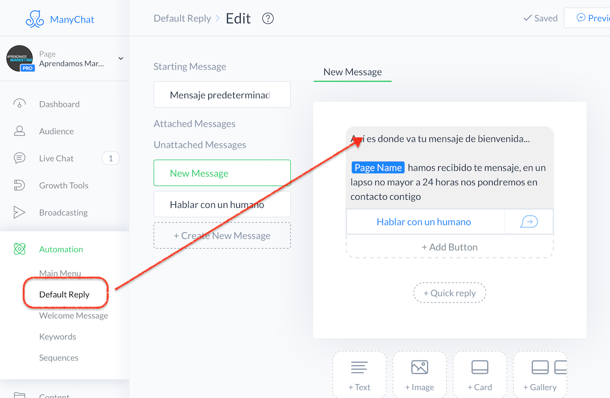 crear mensajes automatizados en Messenger - crear mensaje predeterminado